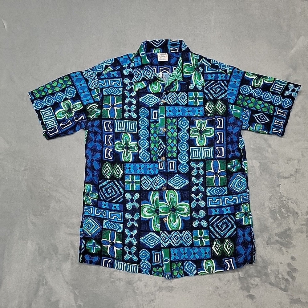 VTG Sun-Dek Of Hawaii Shirt Mens M Blue Abstract Floral Button Down Made In USA‎
